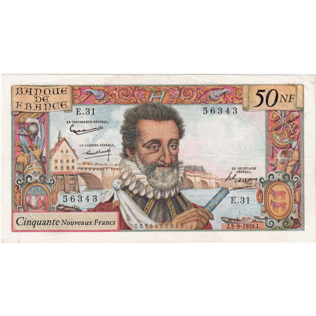 France, 50 Nouveaux Francs, Henri IV, 1959-03-05, E.31, AU(50-53)