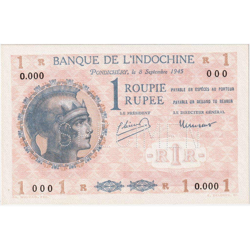French Indochina, 1 Roupie, 1945-09-08, Specimen, UNZ-