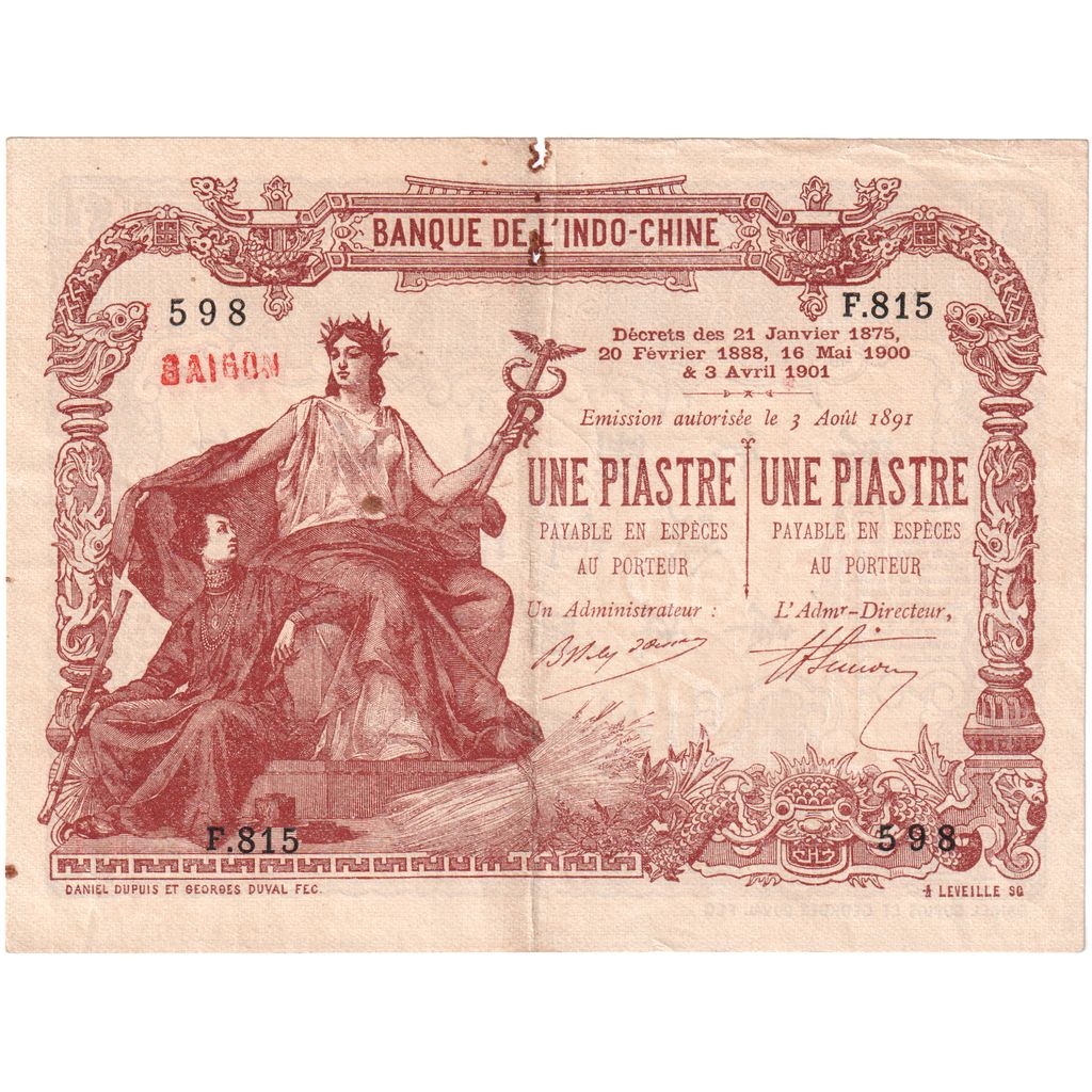 French Indochina, 1 Piastre, 1891-08-03, VF(30-35)