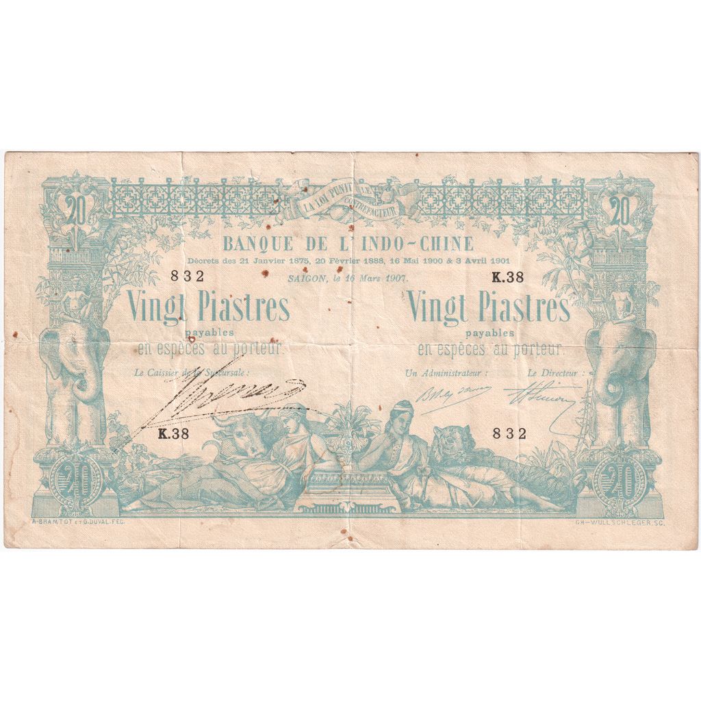 Francuskie Indochiny, 20 Piastres, 1907-03-16, VF(30-35)