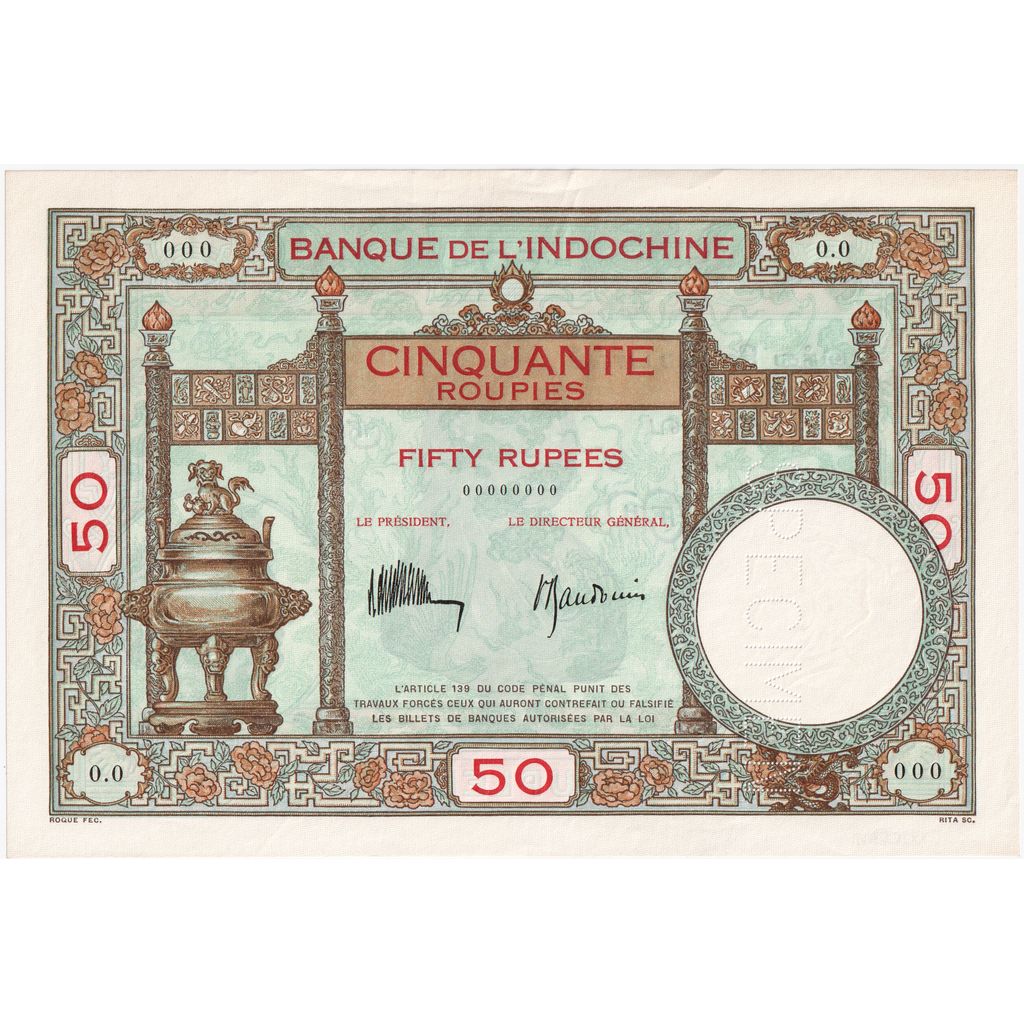 Francuskie Indochiny, 50 Rupees, Egzemplarz, AU(55-58)