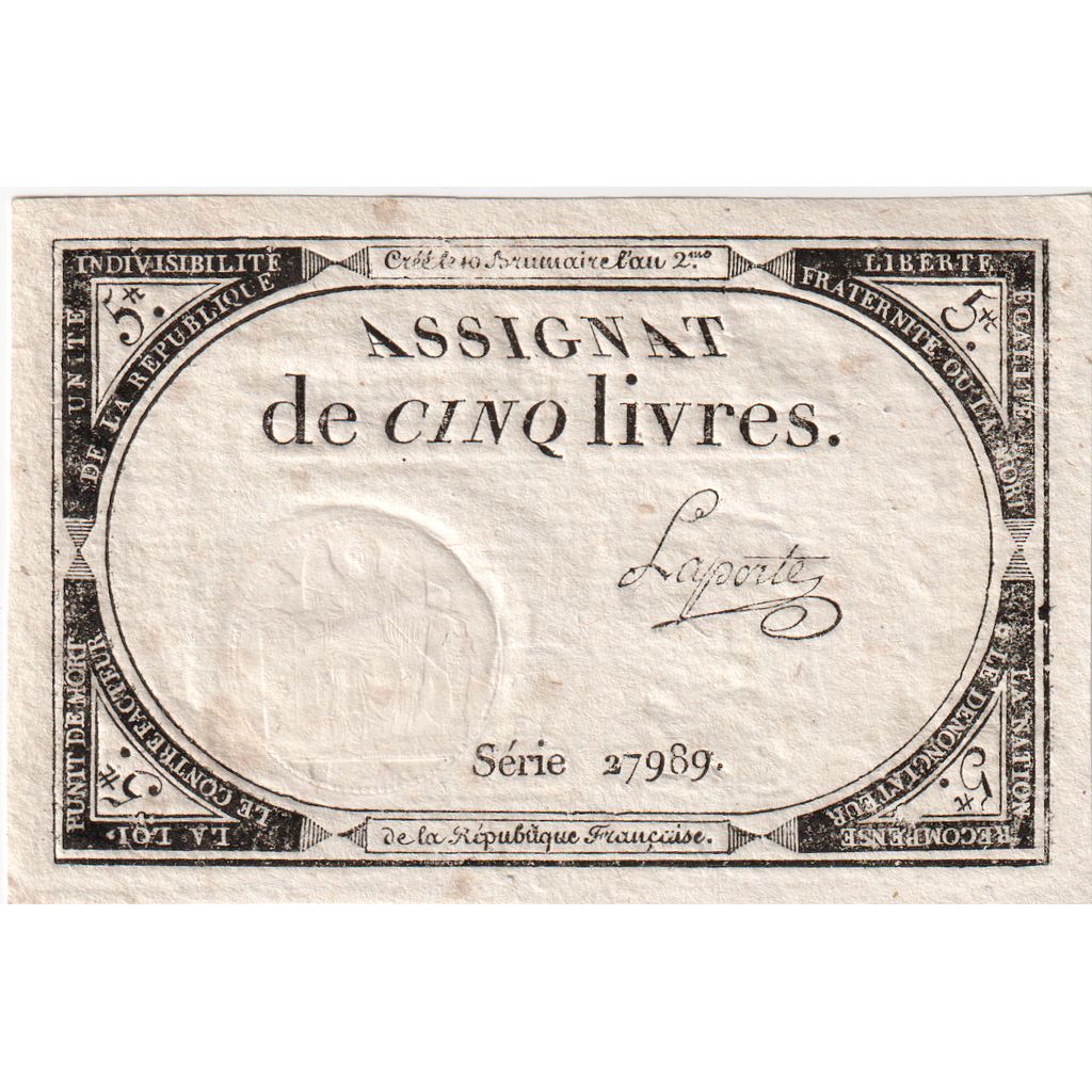 France, 5 Livres, 10 brumaire de l'an 2 - (31 octobre 1793), 27989, SUP