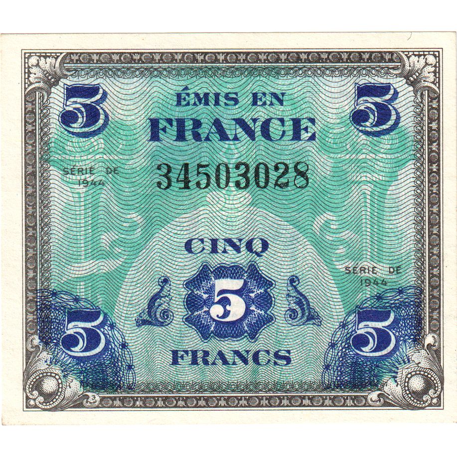 France, 5 Francs, Flag/France, SÉRIE 1944, UNC(63)
