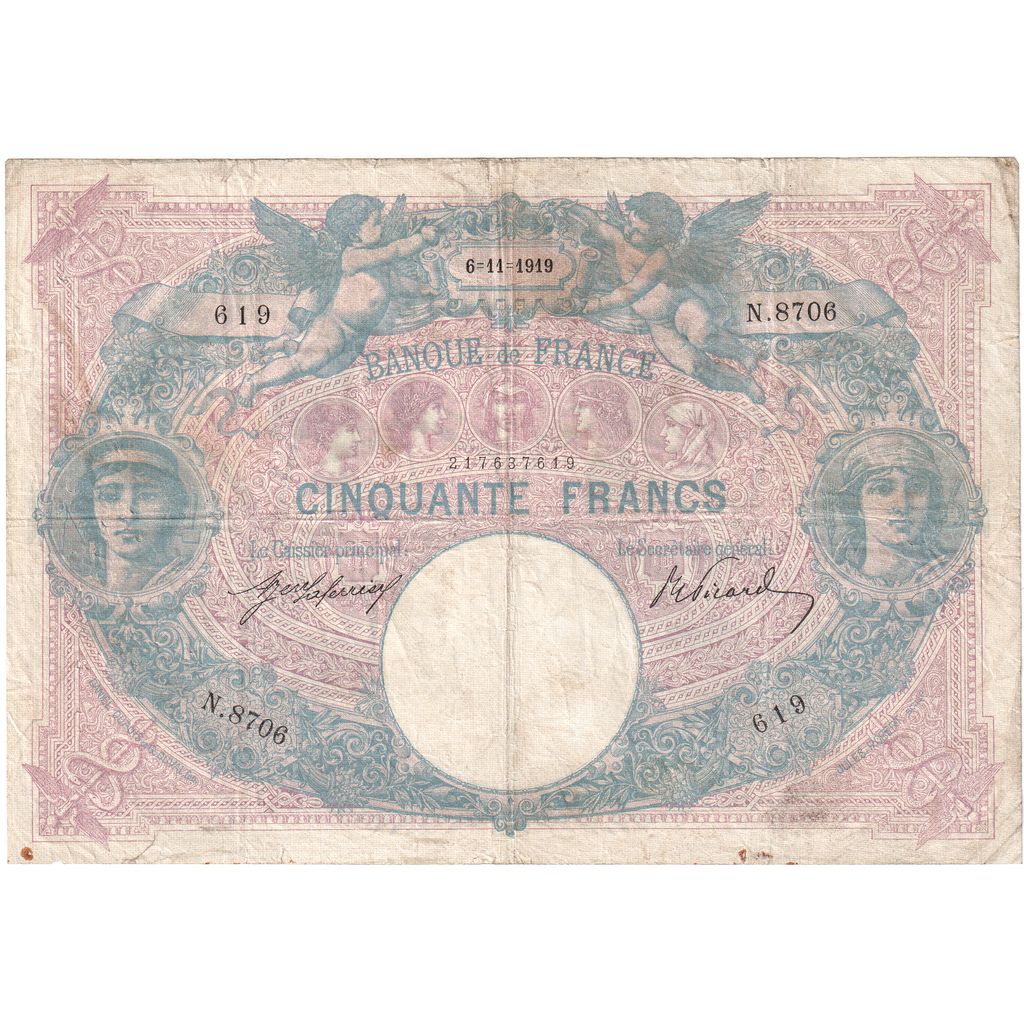France, 50 Francs, Bleu et Rose, 1919-11-06, N.8706, TB