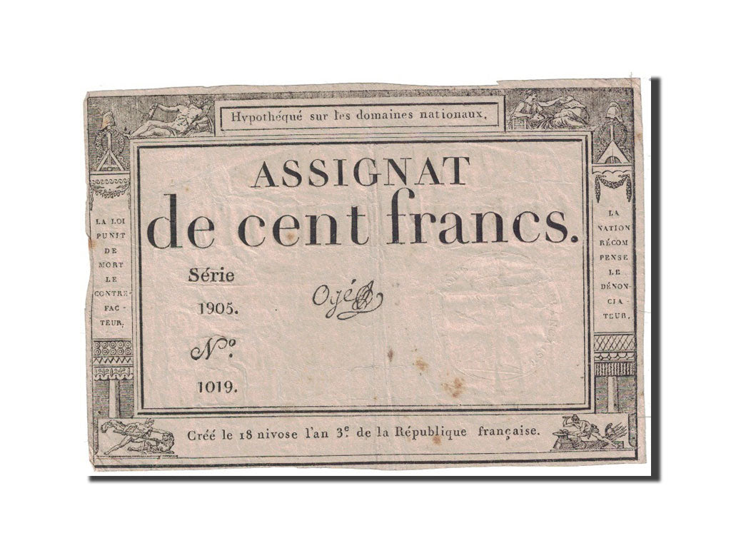 Banconote, Francia, 100 Francs, 1795, 1795-01-07, BB, KM:A78, Lafaurie:173