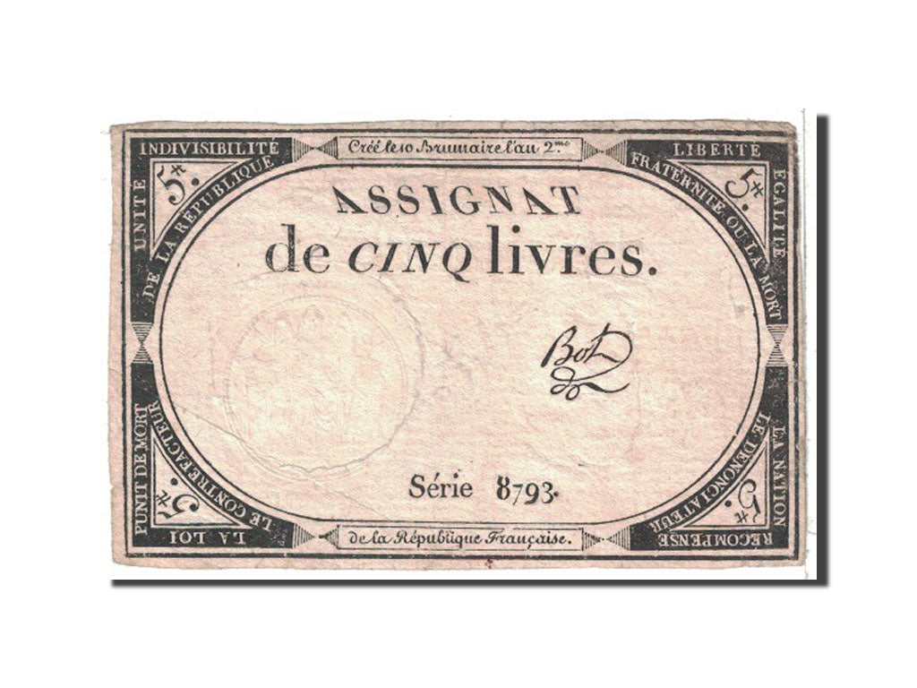Banconote, Francia, 5 Livres, 1793, 1793-10-31, BB+, KM:A76, Lafaurie:171