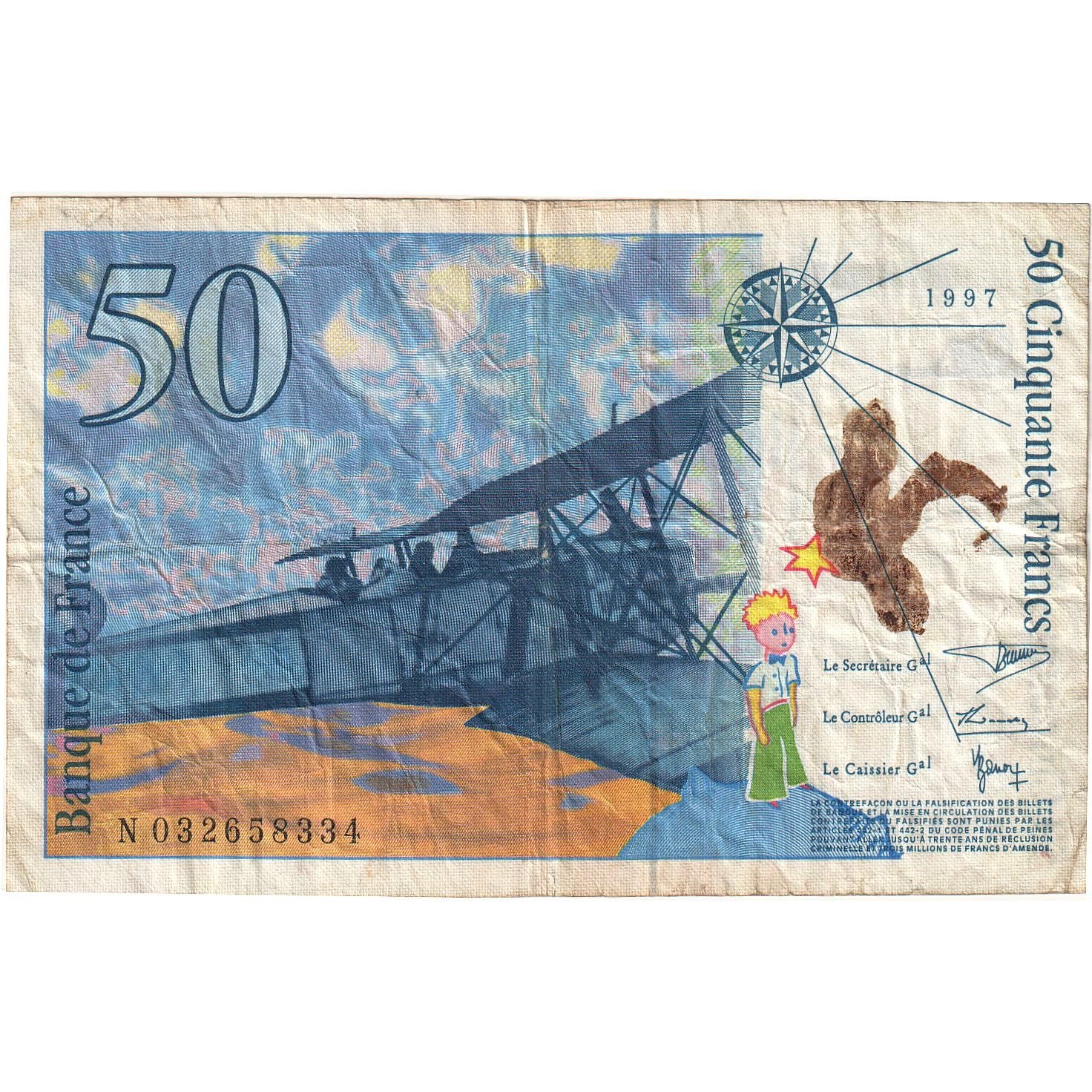 France, 50 Francs, St Exupéry, 1997, N032658334, VF(20-25), Fayette:73.4
