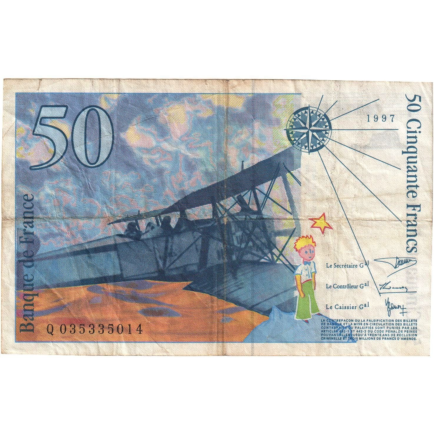 France, 50 Francs, St Exupéry, 1997, Q035335014, TB, Fayette:73.4, KM:157Ad