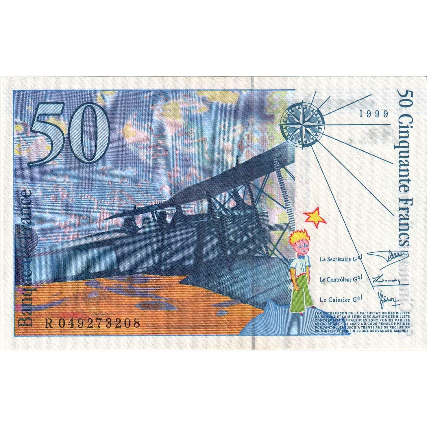França, 50 Francs, St Exupéry, 1999, R049273208, UNC(65-70), Fayette:73.5