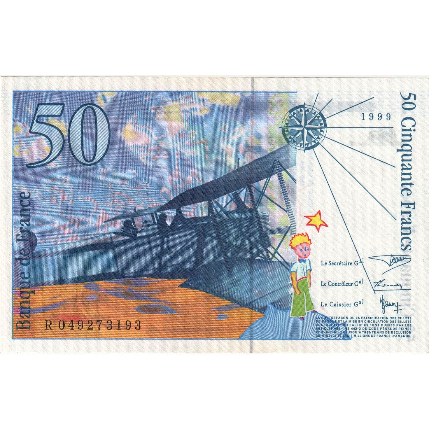 França, 50 Francs, St Exupéry, 1999, R049273201, UNC(63), Fayette:73.5