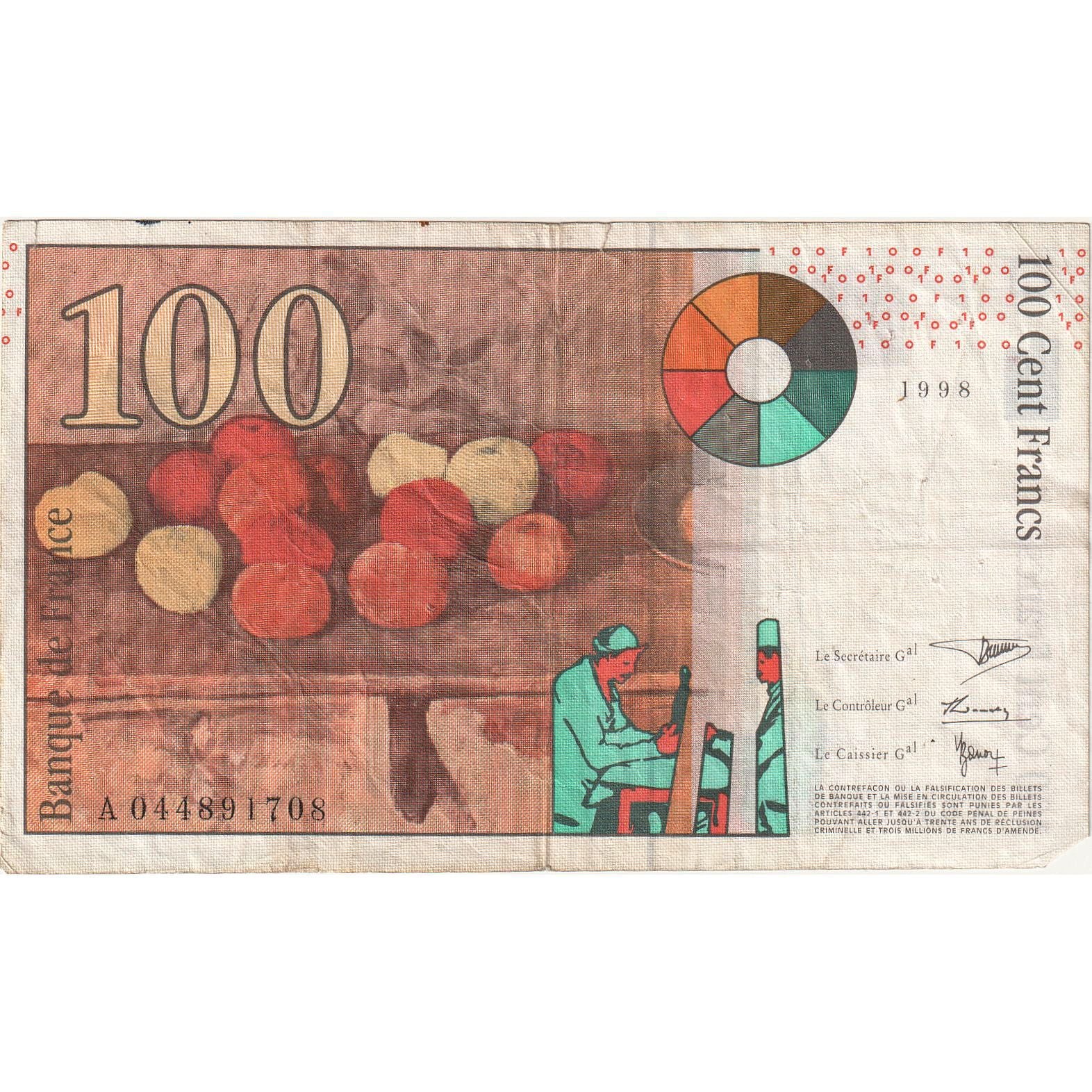 France, 100 Francs, Cézanne, 1998, A044891708, EF(40-45), Fayette:74.2, KM:158a