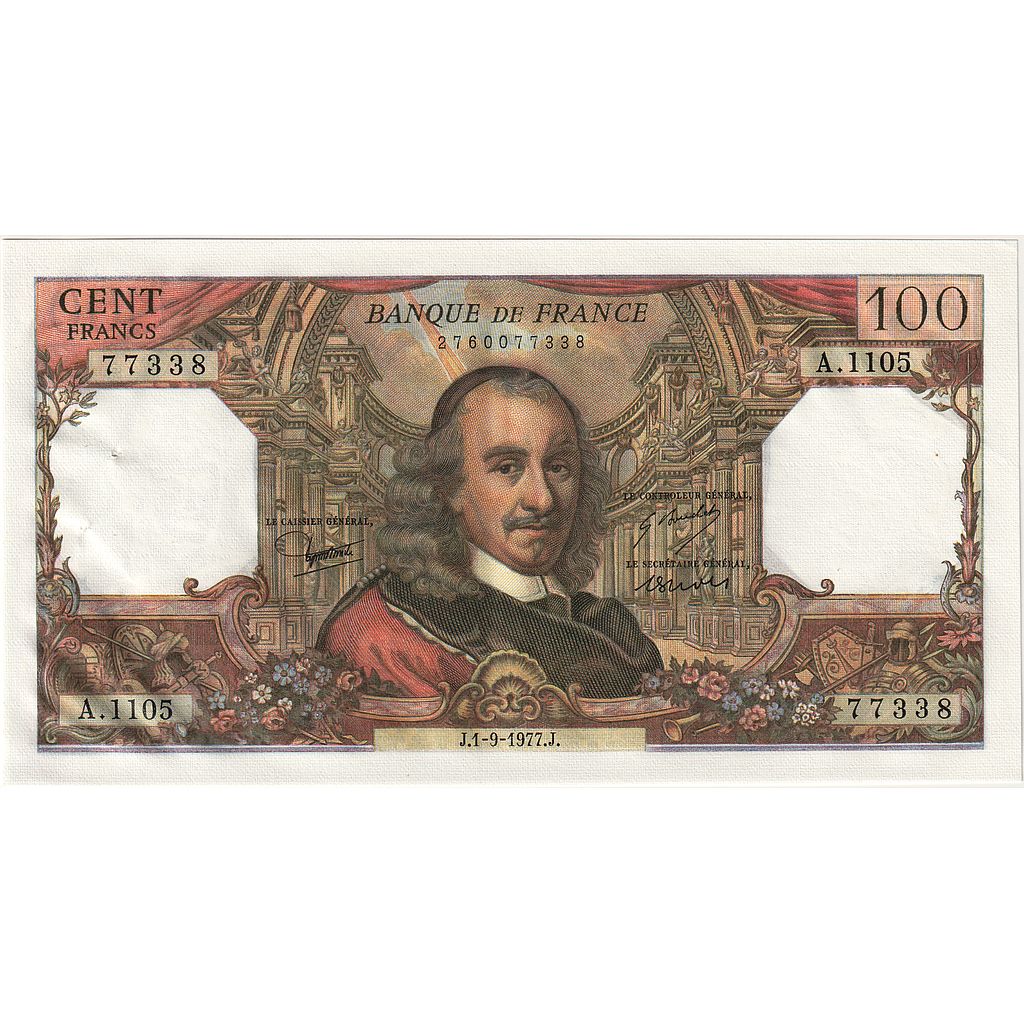 France, 100 Francs, Corneille, 1977, 77338, UNC(63), Fayette:65.59, KM:149f