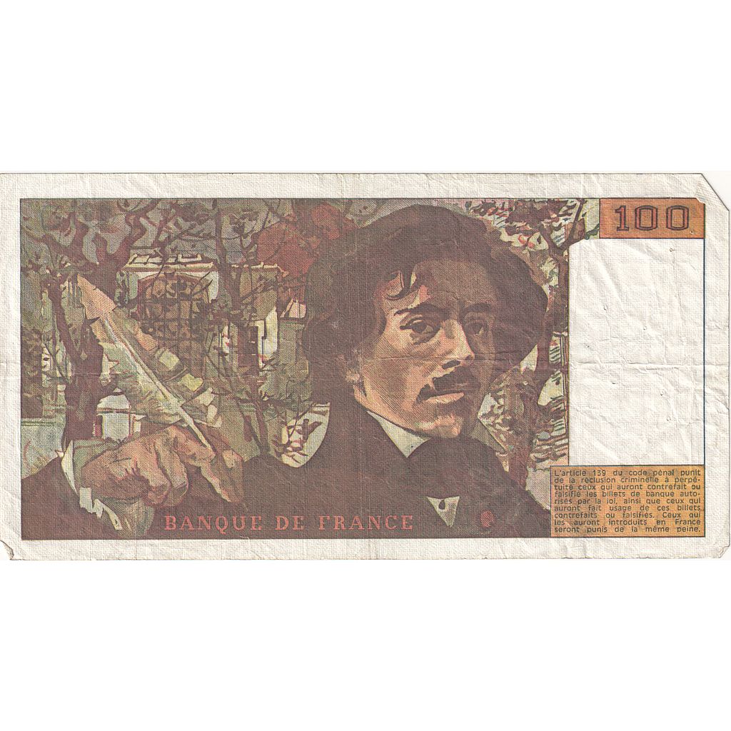 France, 100 Francs, Delacroix, 1990, A.158, VG(8-10), Fayette:69BIS.02B, KM:154e