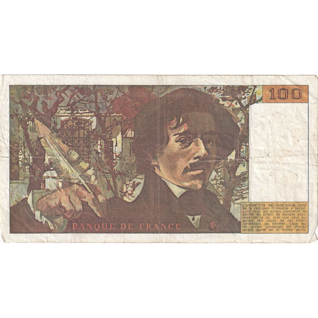 France, 100 Francs, Delacroix, 1990, J.169, VG(8-10), Fayette:69BIS.02B, KM:154e