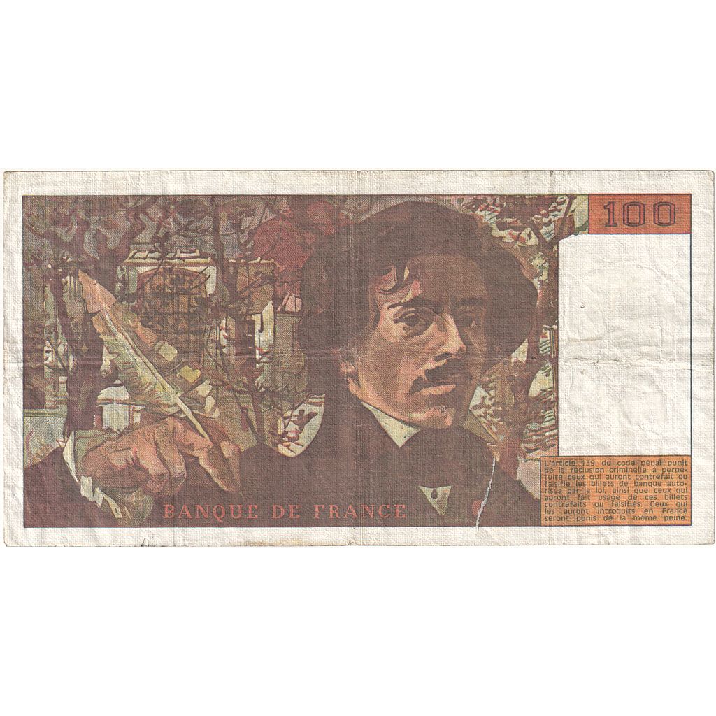 France, 100 Francs, Delacroix, 1990, H.157, VG(8-10), Fayette:69BIS.02B, KM:154e