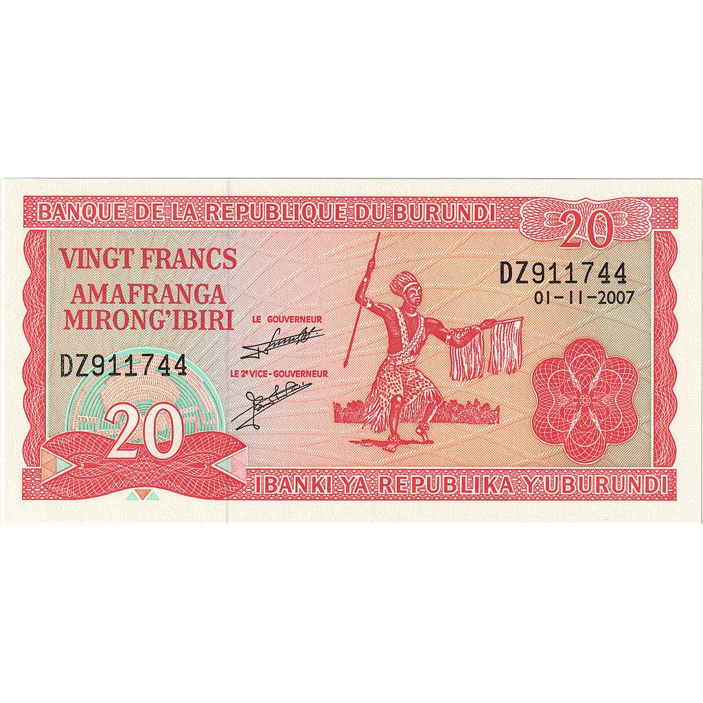 Biljet, Burundi, 20 Francs, 2007, 2007-11-01, NIEUW