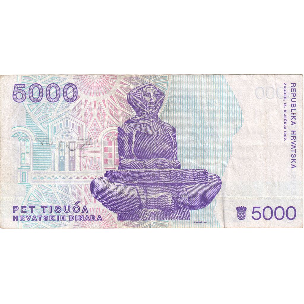 Biljet, Kroatië, 5000 Dinara, 1992, 1992-01-15, KM:24a, TB+