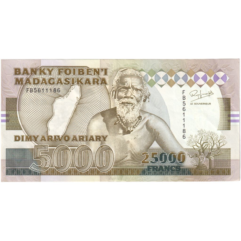 Madagascar, 25,000 Francs = 5000 Ariary, EF(40-45)