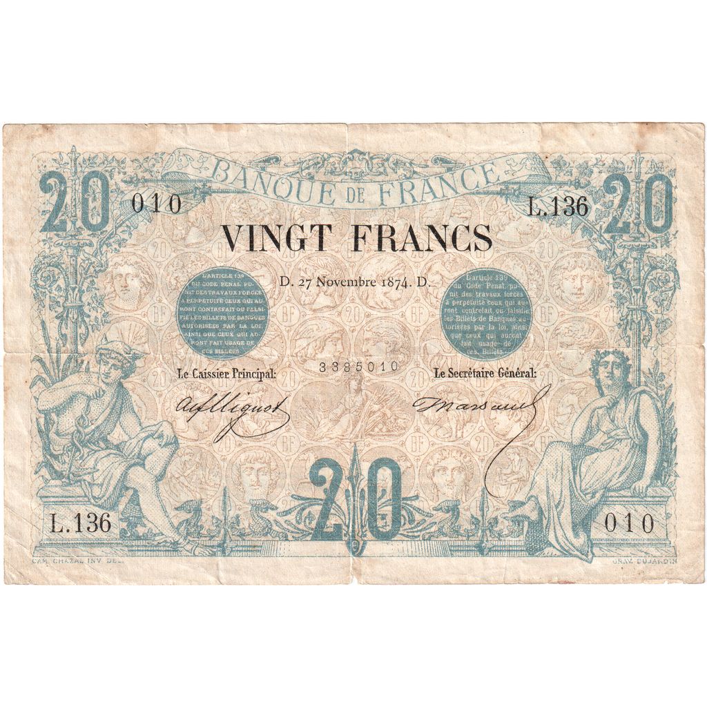 France, 20 Francs, Noir, 1874-11-27, L.136 010, VF(30-35)