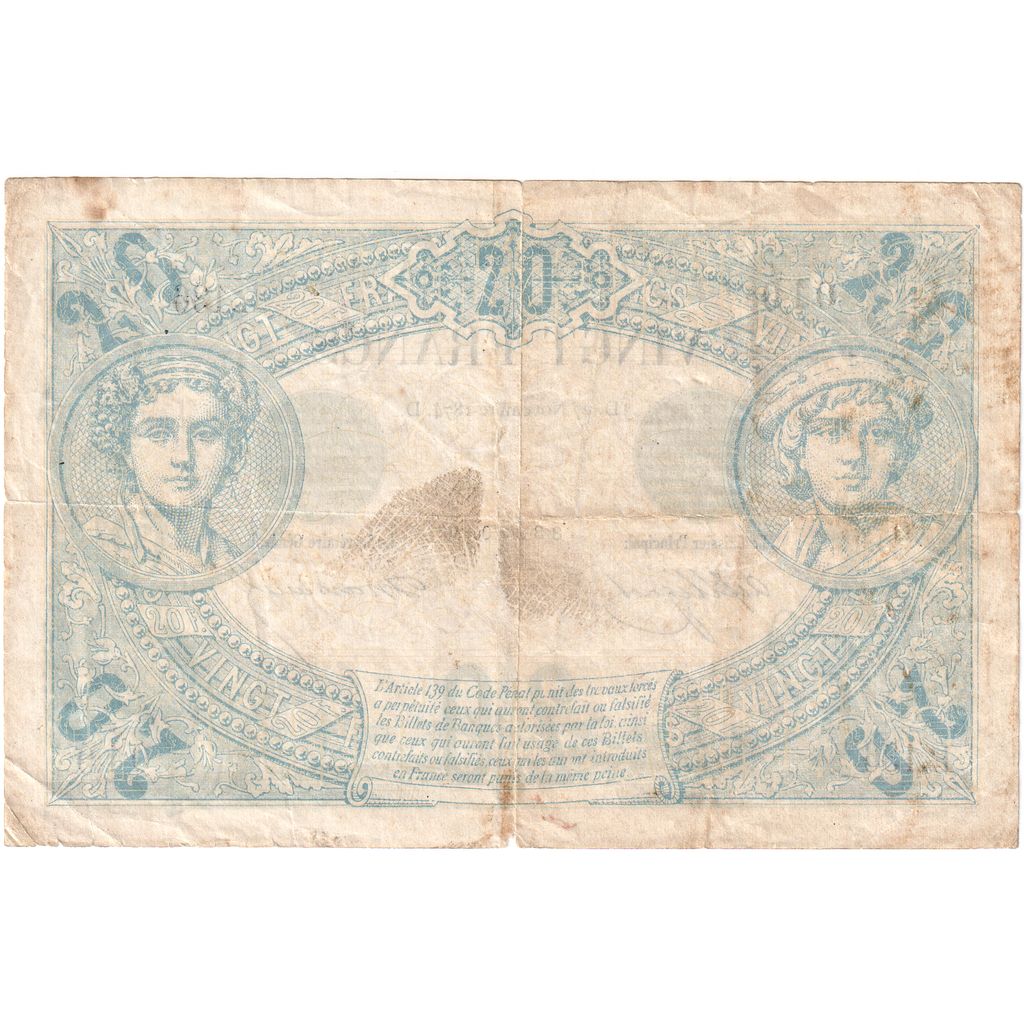 France, 20 Francs, Noir, 1874-11-27, L.136 010, VF(30-35)