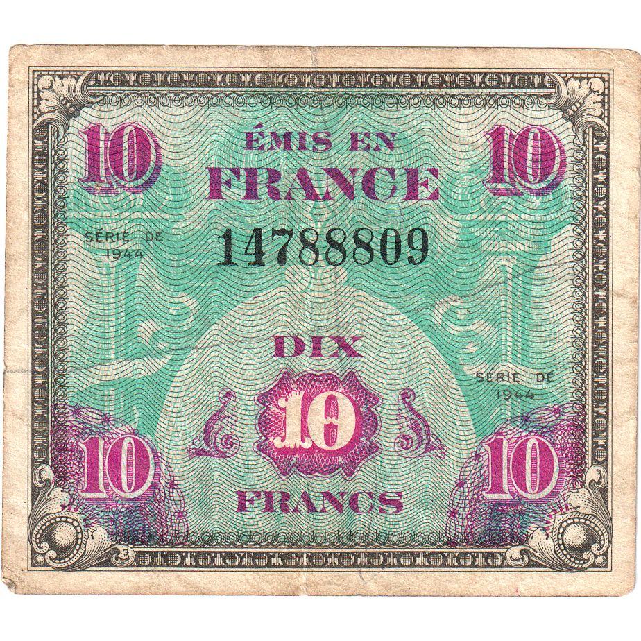 France, 10 Francs, Flag/France, SÉRIE 1944, VF(20-25)
