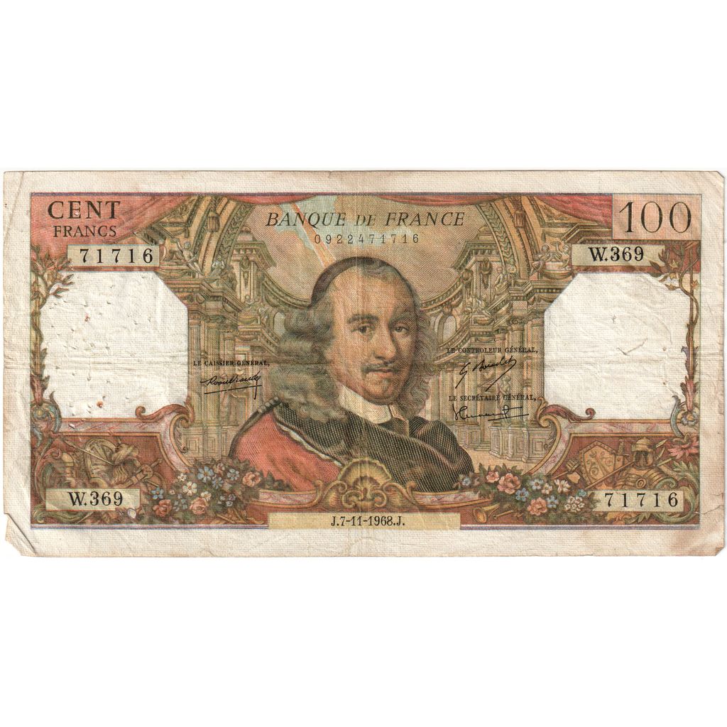 France, 100 Francs, Corneille, 1968-11-07, W.369, VF(20-25)