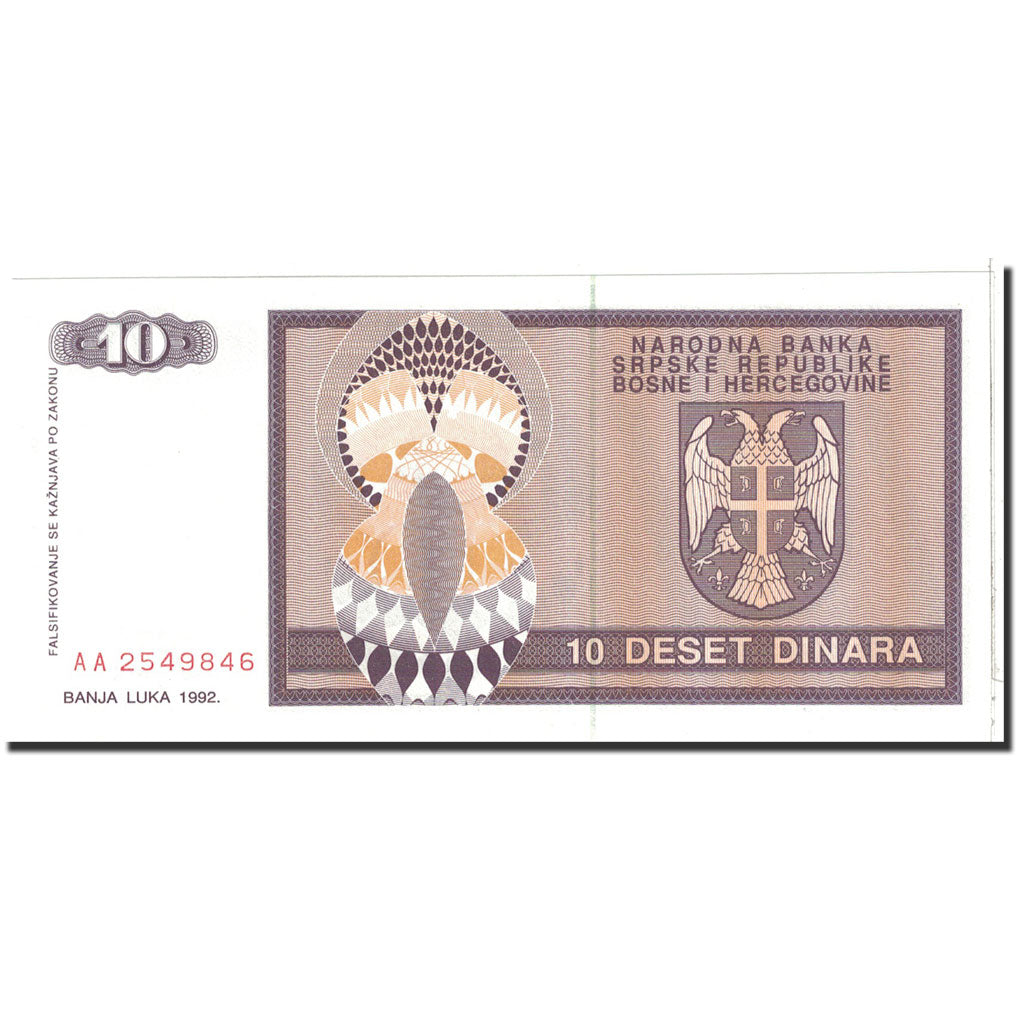 Banknote, Bosnia - Herzegovina, 10 Dinara, 1992, Undated, KM:133a, UNC(65-70)