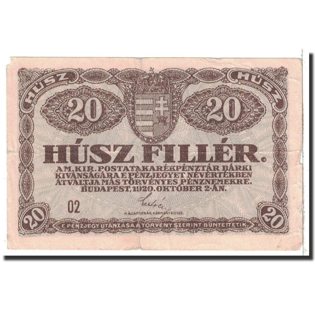 Banknote, Hungary, 20 Fillér, 1920, 1920-10-02, KM:43, EF(40-45)