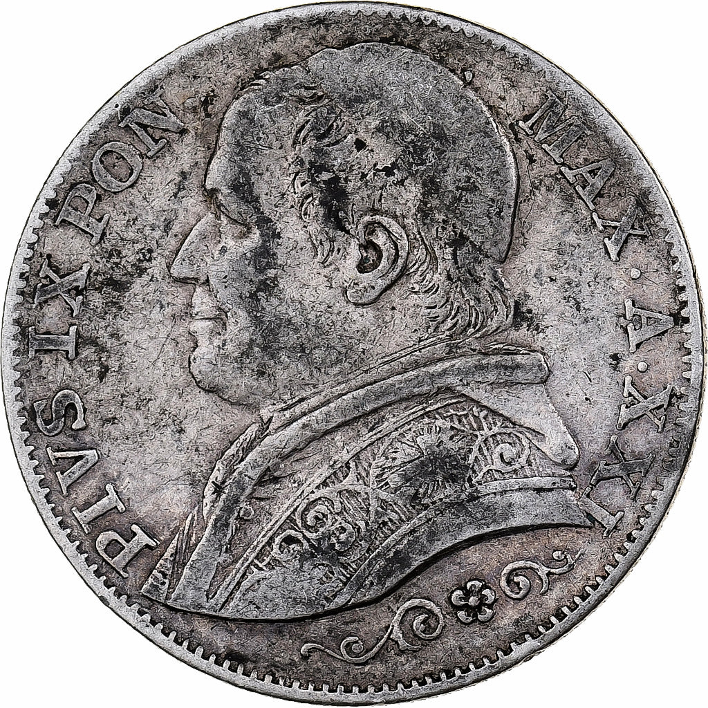 ITALIAN STATES, PAPAL STATES, Pius IX, 2 Lire, 1866, Rome, Silver, VF(20-25)