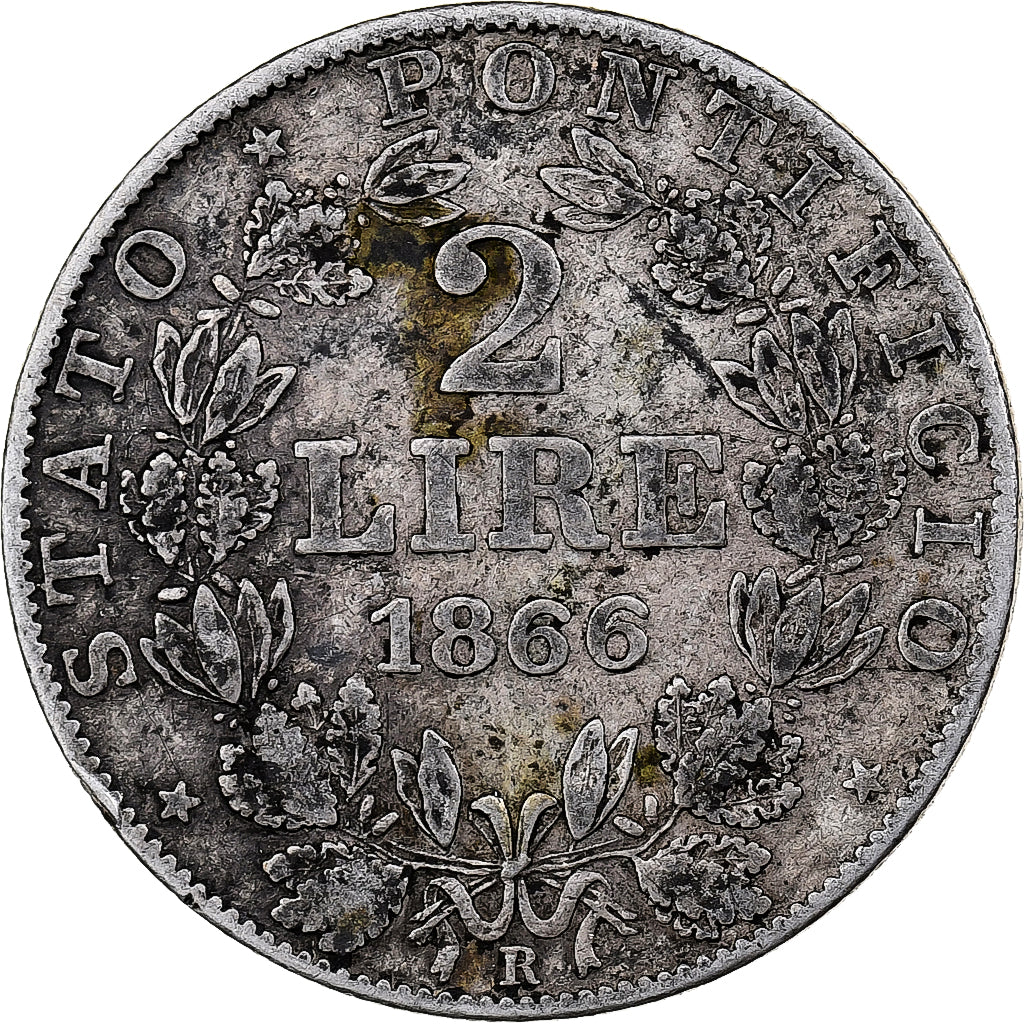 ITALIAN STATES, PAPAL STATES, Pius IX, 2 Lire, 1866, Rome, Silver, VF(20-25)