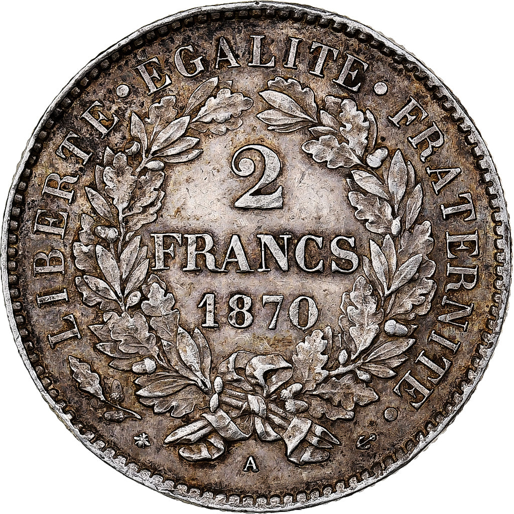 Francia, 2 Francs, Cérès, 1870, Paris, Plata, EBC, KM:817.1