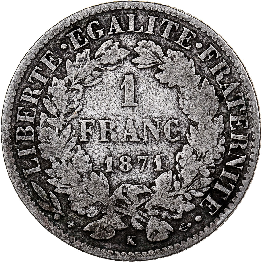 França, Franc, Cérès, 1871, Bordeaux, Prata, VF(30-35), KM:822.2