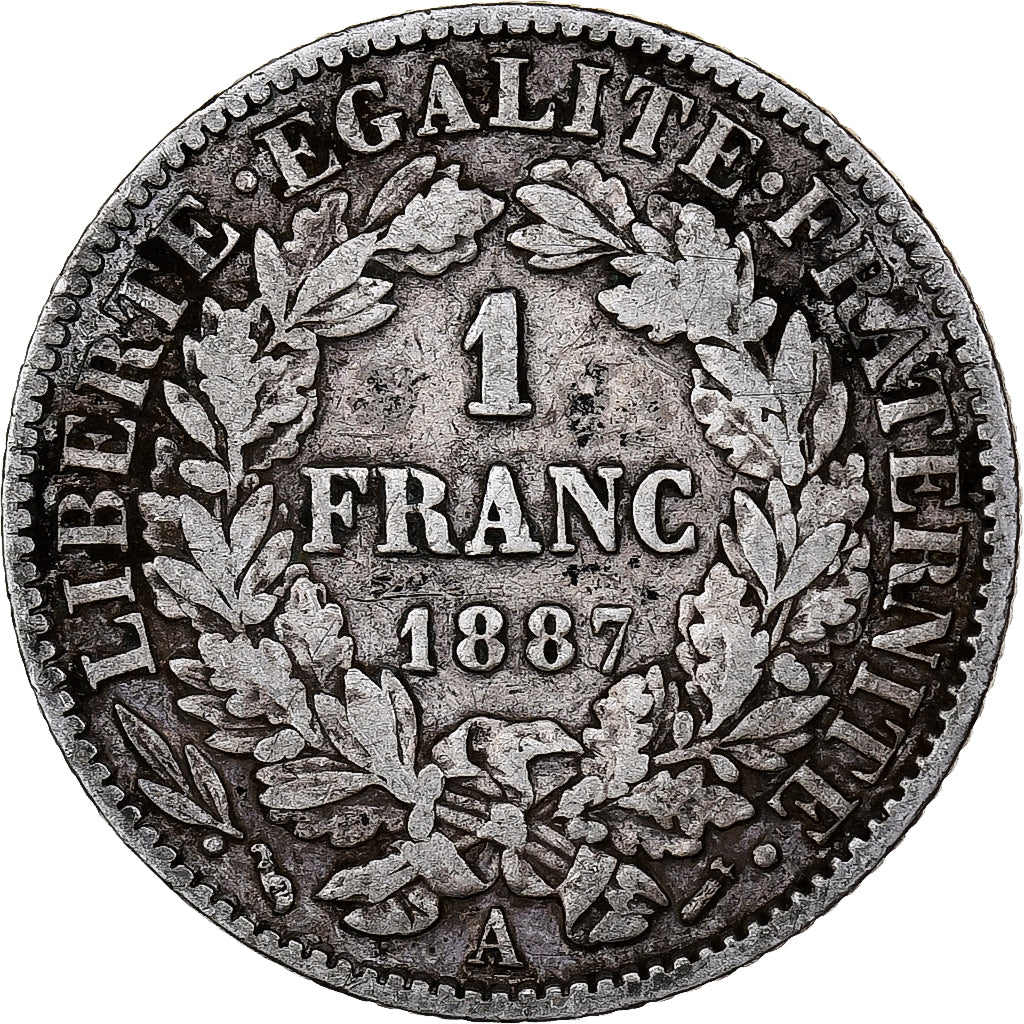 França, Franc, Cérès, 1887, Paris, Prata, VF(20-25), KM:822.1