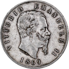 Italie, Vittorio Emanuele II, 5 Lire, 1869, Milan, Argent, TB+, KM:8.3