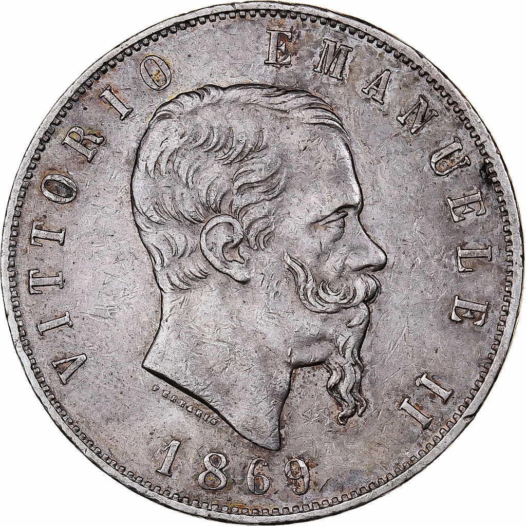 Italie, Vittorio Emanuele II, 5 Lire, 1869, Milan, Argent, TTB, KM:8.3