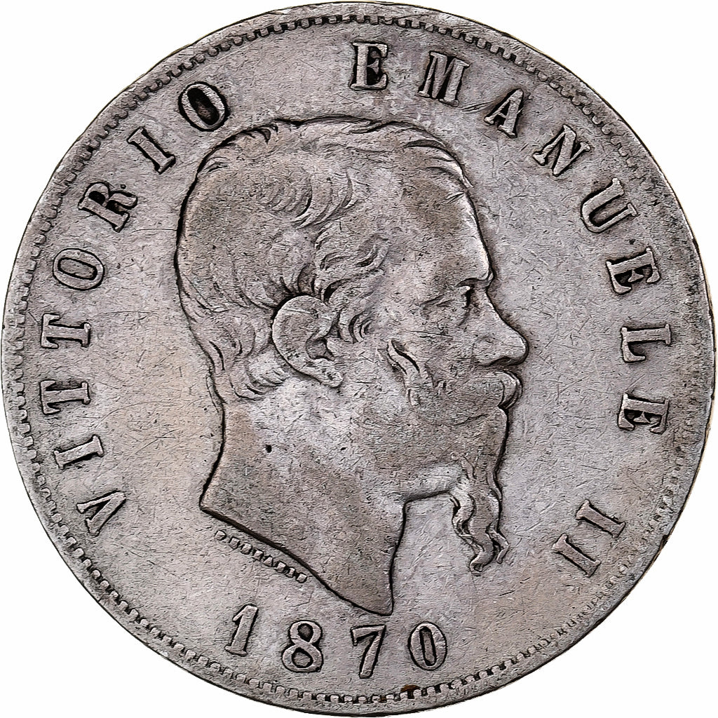 Italie, Vittorio Emanuele II, 5 Lire, 1870, Milan, Argent, TB, KM:8.3