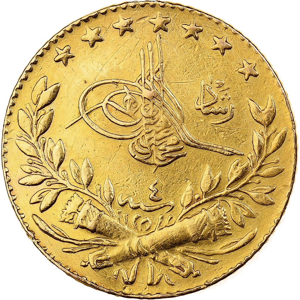 Turkey, Muhammad V, 25 Kurush, 1917, Qustantiniyah, Gold, AU(55-58), KM:773