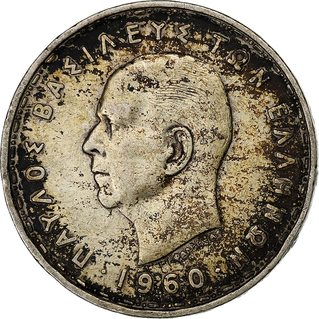 Grecia, Paul I, 20 Drachmai, 1960, Plata, BC+, KM:85