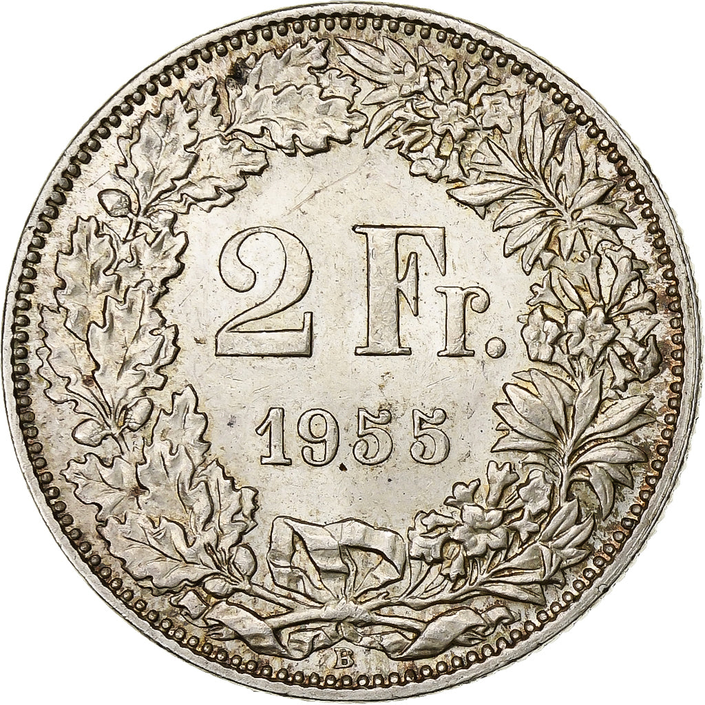 Switzerland, 2 Francs, 1955, Bern, Silver, AU(50-53), KM:21