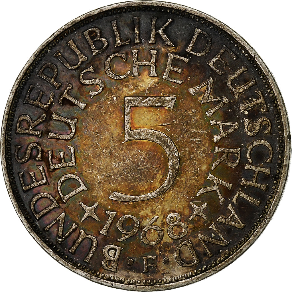 GERMANY - FEDERAL REPUBLIC, 5 Mark, 1968, Stuttgart, Silver, AU(50-53), KM:112.1