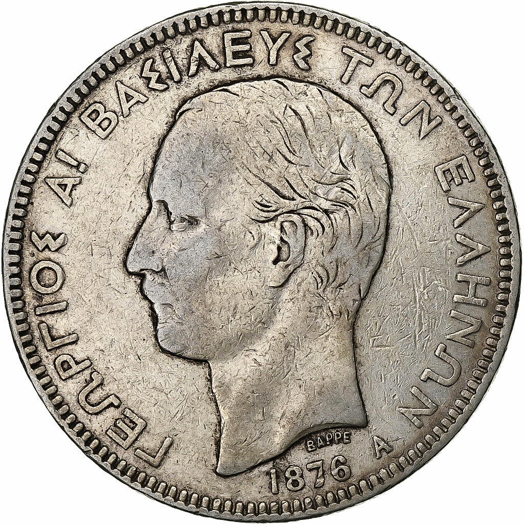 Greece, George I, 5 Drachmai, 1876, Paris, Silver, VF(20-25), KM:47