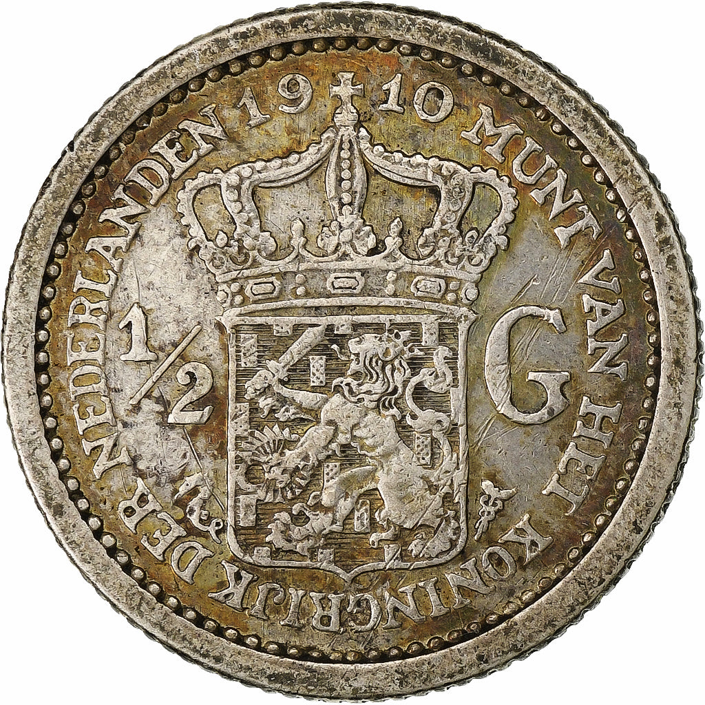 Netherlands, Wilhelmina I, 1/2 Gulden, 1910, Silver, EF(40-45), KM:147