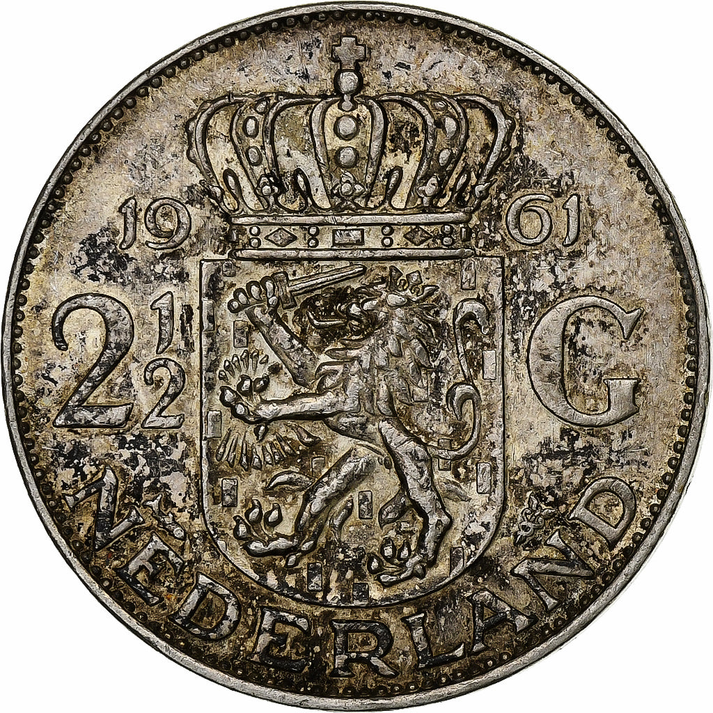 Países Baixos, Juliana, 2-1/2 Gulden, 1961, Prata, AU(50-53), KM:185