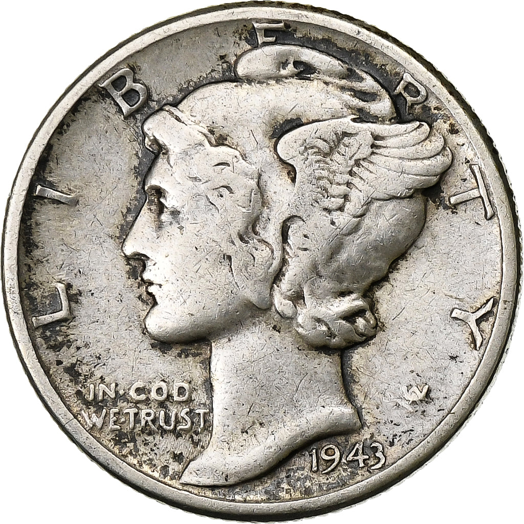 États-Unis, Dime, Mercury Dime, 1943, U.S. Mint, Argent, TB+, KM:140