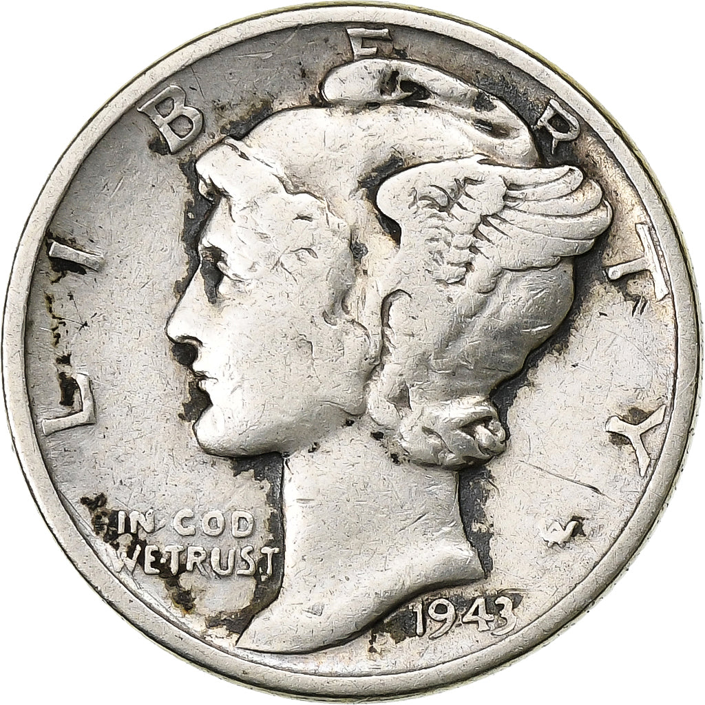 États-Unis, Dime, Mercury Dime, 1943, U.S. Mint, Argent, TB+, KM:140