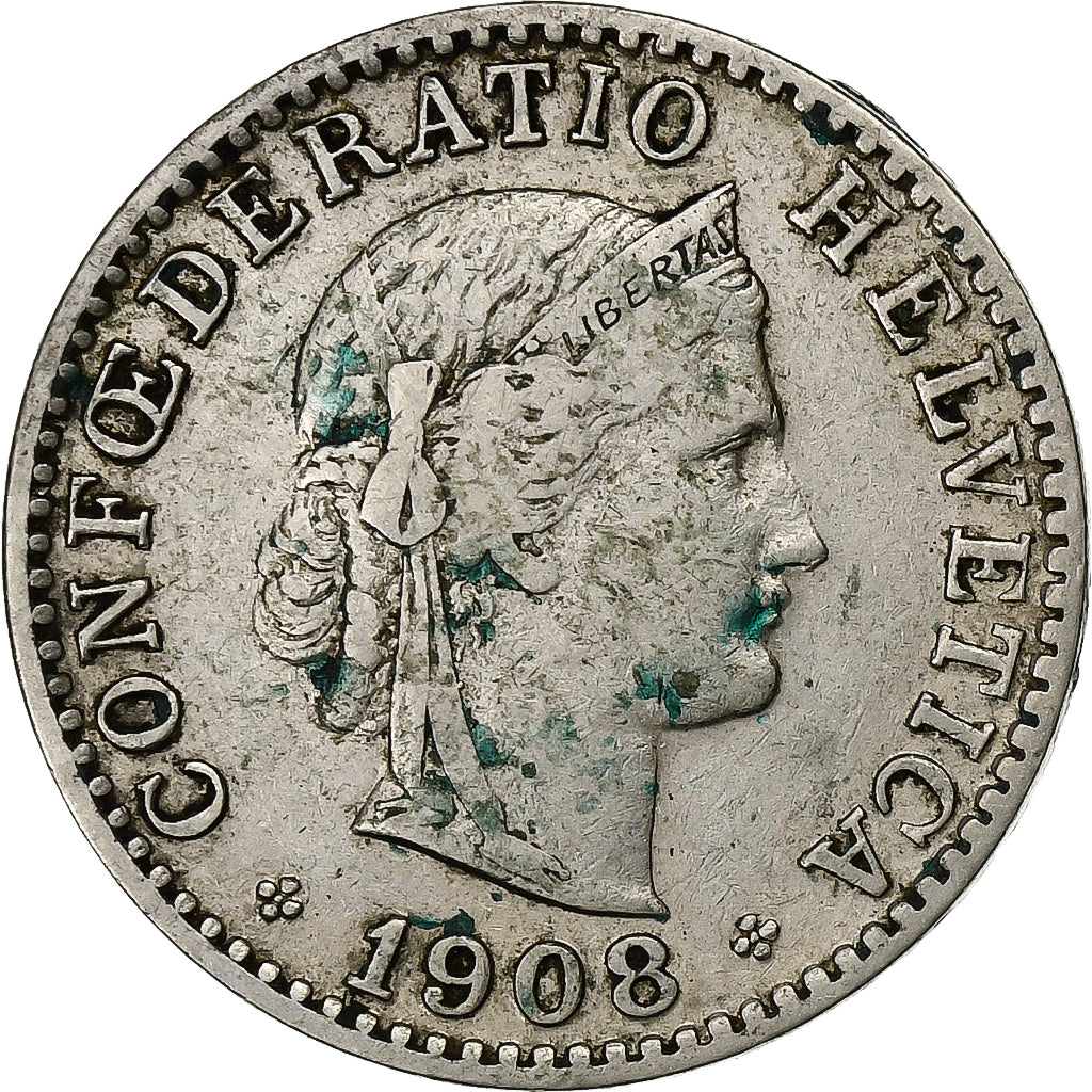 Suiza, 20 Rappen, 1908, Bern, Níquel, MBC, KM:29