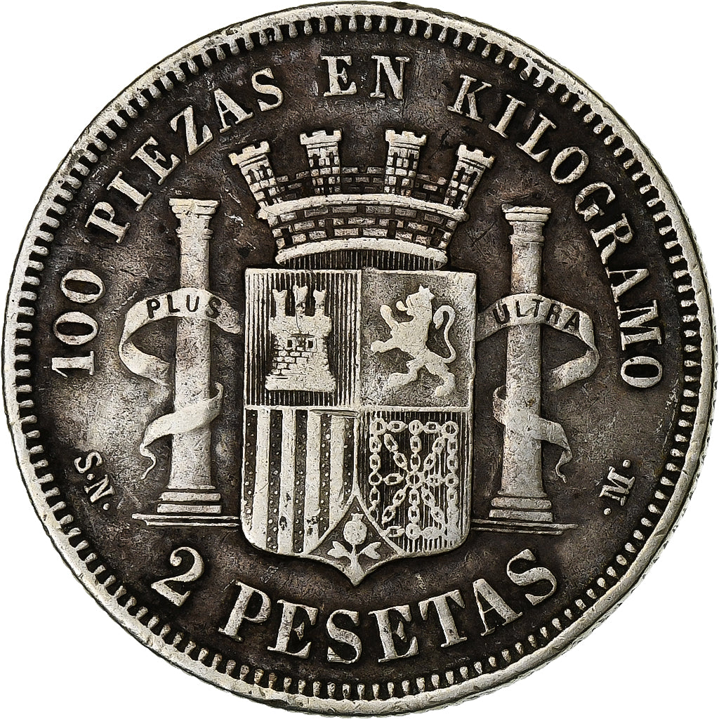 Spain, Provisional Government, 2 Pesetas, 1869, Madrid, Silver, AU(50-53)