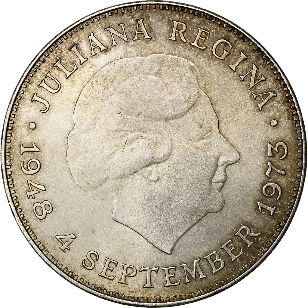Netherlands, Juliana, 10 Gulden, 1973, Silver, AU(55-58), KM:196