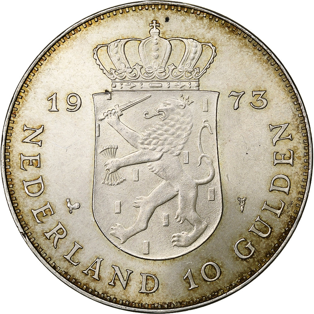 Netherlands, Juliana, 10 Gulden, 1973, Silver, AU(55-58), KM:196