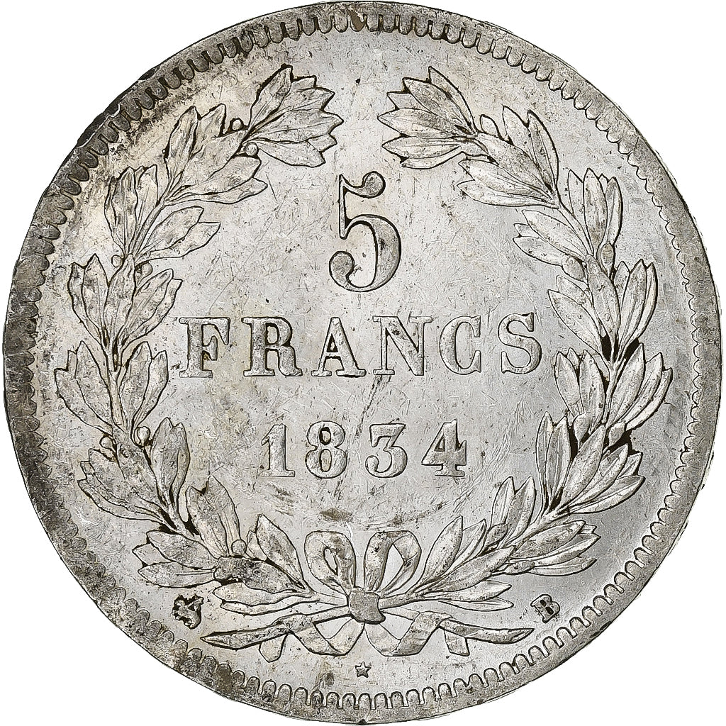 Francia, 5 Francs, Louis-Philippe, 1834, Rouen, Argento, BB+, KM:749.2